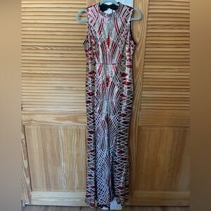 L'ATISTE Red Gold & Silver Sequin Maxi mermaid flare Dress size medium open back